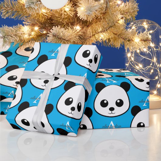 Smiling Panda Face Wrapping Paper – Cute Monogram  ラッピングペーパー (クリスマス)
