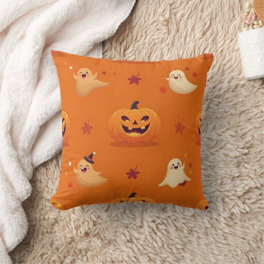 Smiling Pumpkin & Ghost Casual Pattern Pillow on B クッション (ブランケット)