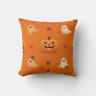 Smiling Pumpkin & Ghost Casual Pattern Pillow on B クッション