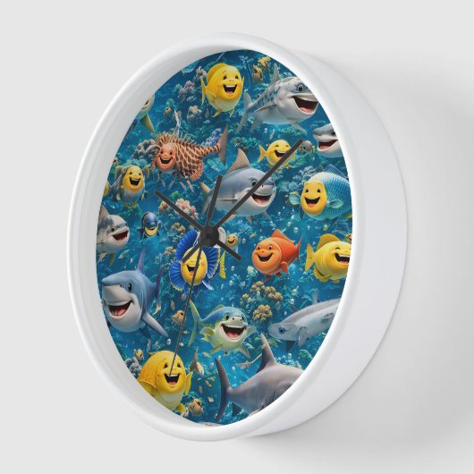 Smiling sharks and friends underwater round wall c 壁時計 (傾斜)
