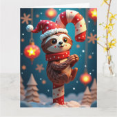 Smiling Sloth Hanging from Candy Cane Christmas カード (黄色い花)