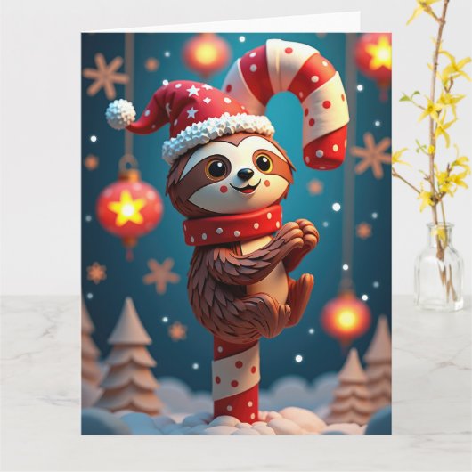 Smiling Sloth Hanging from Candy Cane Christmas カード (黄色い花)