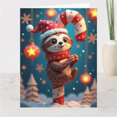 Smiling Sloth Hanging from Candy Cane Christmas カード (正面)