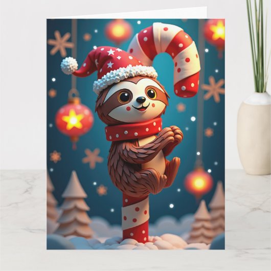 Smiling Sloth Hanging from Candy Cane Christmas カード (正面)
