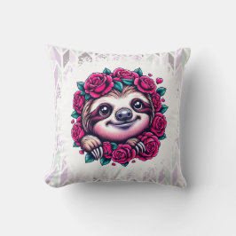 Smiling Sloth Surrounded by Roses クッション