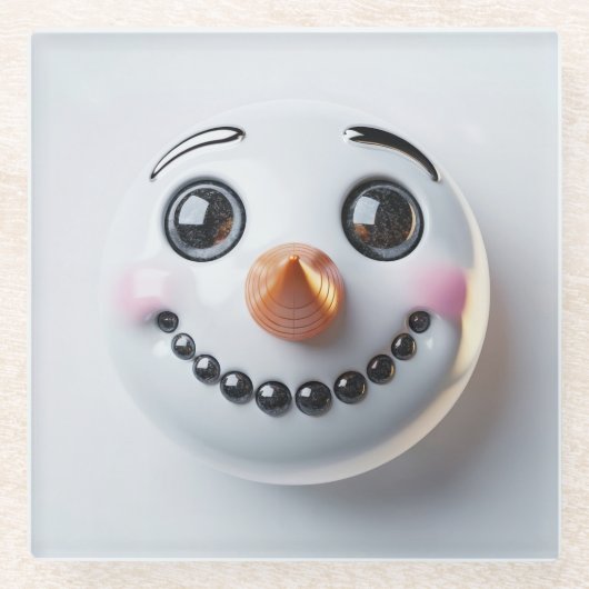 Smiling Snowman Face Square  ガラスコースター (正面)