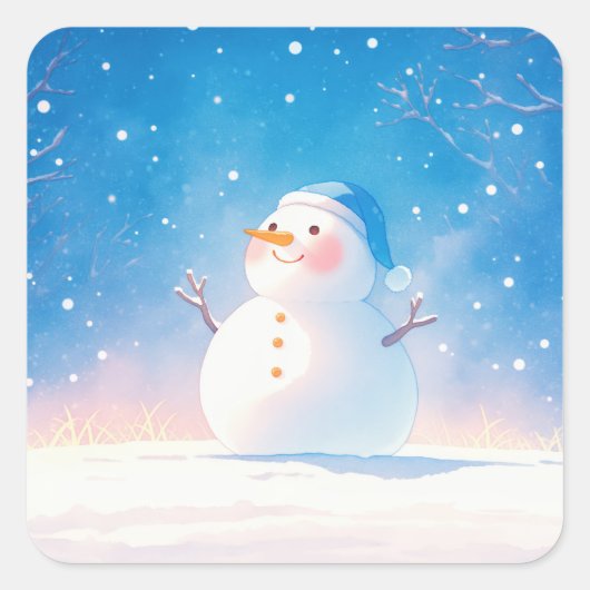 Smiling Snowman with Blue Beanie in Starry Night スクエアシール (正面)