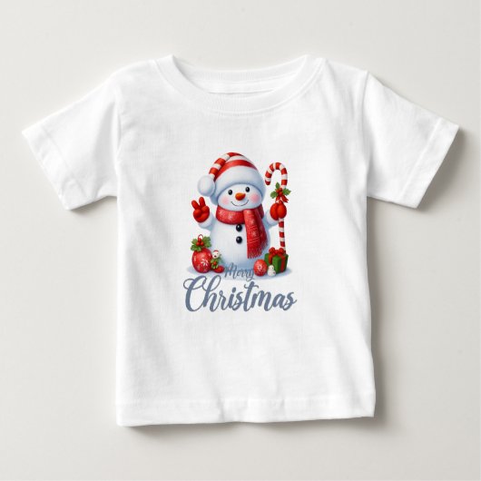 Smiling Snowman With Candy Cane Christmas Tee ベビーTシャツ (正面)