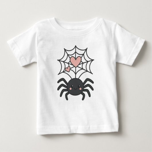 Smiling Spider Weaving a Heart Web Cute Halloween ベビーTシャツ (正面)