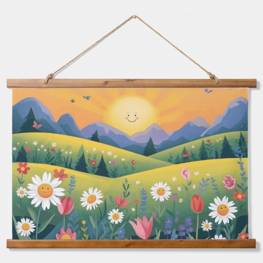 Smiling Sun & Happy Flowers Tapestry – Bright Natu 吊り下げ型タペストリー (正面)