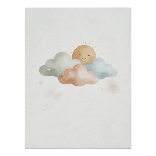 Smiling Sun Poster with Clouds/Cute Room Decor ポスター (正面)