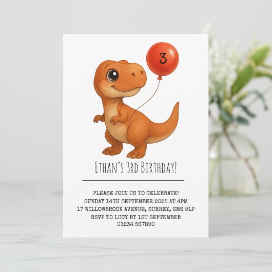 Smiling T-Rex with Red Balloon Birthday  招待状 (スタンド正面)