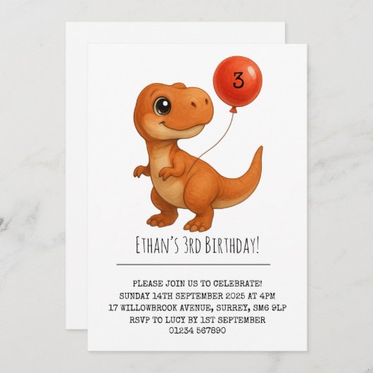 Smiling T-Rex with Red Balloon Birthday  招待状 (正面/裏面)