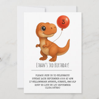 Smiling T-Rex with Red Balloon Birthday 招待状