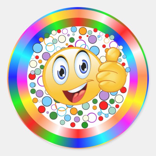 Smiling Thumbs up Emoji and Rainbow Circles Classi ラウンドシール (正面)