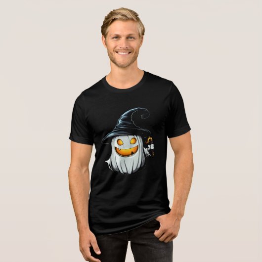 Smiling White Pumpkin Witch Design トライブレンドＴシャツ (正面全面)