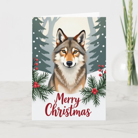 Smiling Wolf Merry Christmas Card Winter Woods カード (正面)