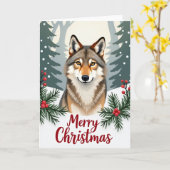 Smiling Wolf Merry Christmas Card Winter Woods カード (黄色い花)