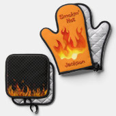 Smokin Hot Orange and Red Flame Personalized 鍋つかみ&鍋敷きセット (正面/裏面)