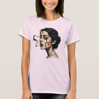 Smoking Woman Art with Heart Icon Face Tシャツ