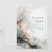 Smoky Charcoal Gilded Fluid Marble Wedding 招待状 (正面/裏面)