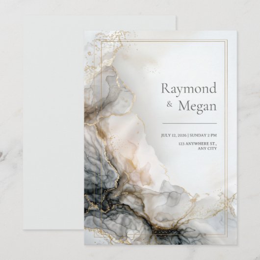 Smoky Charcoal Gilded Fluid Marble Wedding 招待状 (正面/裏面)