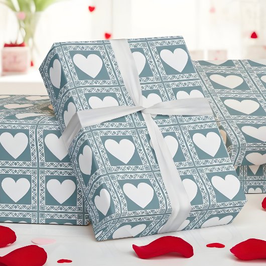Smoky Teal Geometric Hearts Valentine Gift ラッピングペーパー