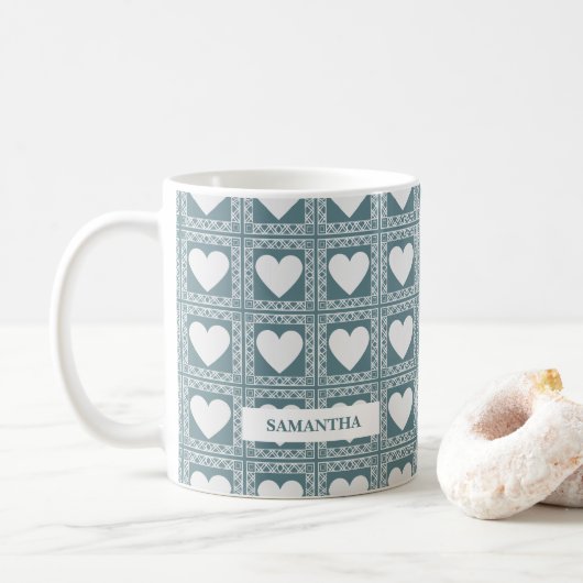 Smoky Teal Geometric Hearts Valentine’s Gift コーヒーマグカップ (ドーナツ)