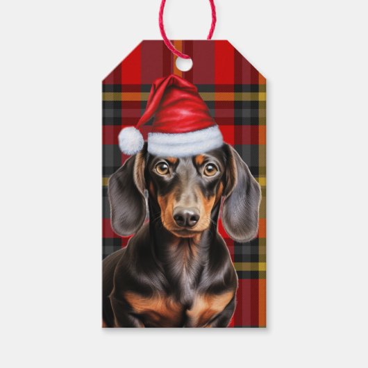 Smooth Coat Dachshund Dog Red Plaid Christmas ギフトタグ (正面)