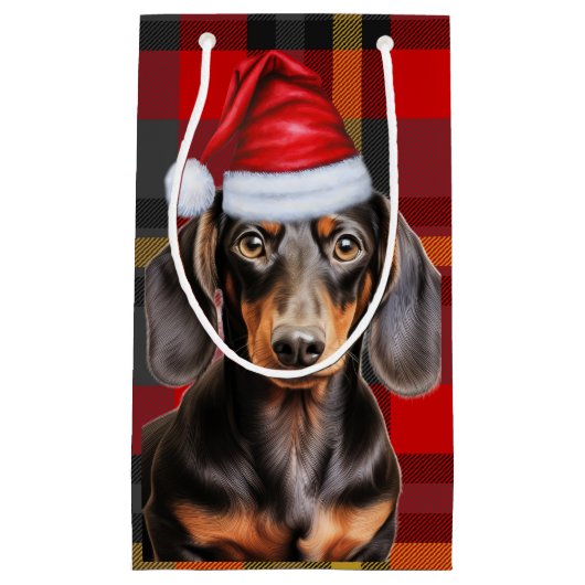 Smooth Coat Dachshund Red Christmas Plaid スモールペーパーバッグ (正面)