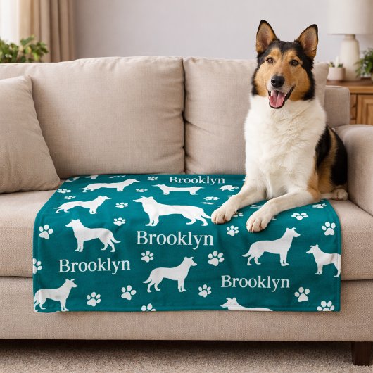 Smooth Collie Personalized Dog Blanket Deep Teal フリースブランケット