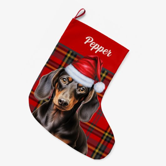 Smooth Dachshund Dog Holiday Plaid Personalized ラージクリスマスストッキング (正面 (吊り時))
