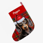 Smooth Dachshund Dog Holiday Plaid Personalized ラージクリスマスストッキング (裏面 (吊り時))