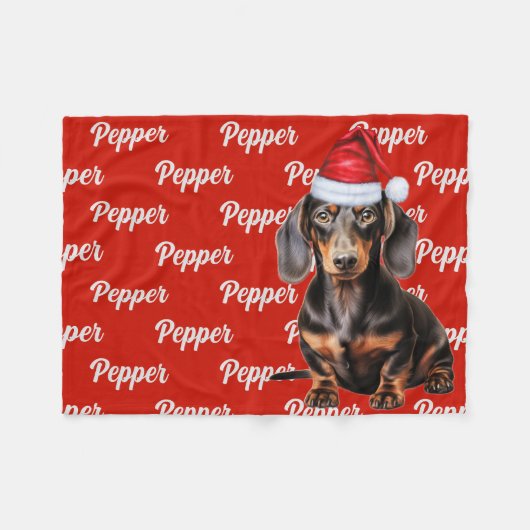 Smooth Dachshund Santa Dog Custom Name Christmas フリースブランケット (正面(横))