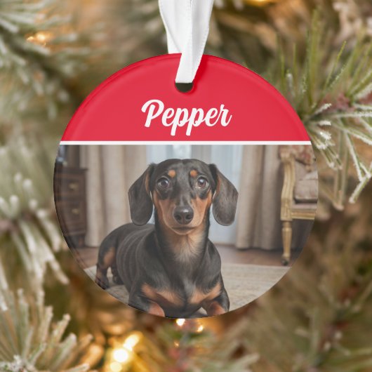 Smooth Dachshund with Name and Photo Christmas オーナメント (ツリー)