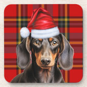 Smooth Dachshund with Red and Green Holiday Plaid コースター (正面)