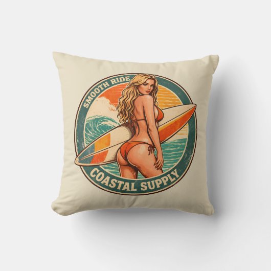 Smooth Ride Coastal Supply Retro Surf Shop Graphic クッション (正面)