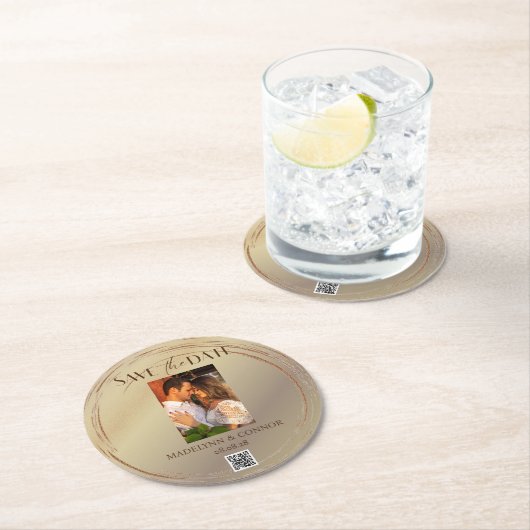 Smooth Script写真QRコード日付ラウンドの保存 ラウンドペーパーコースター (インサイチュ)