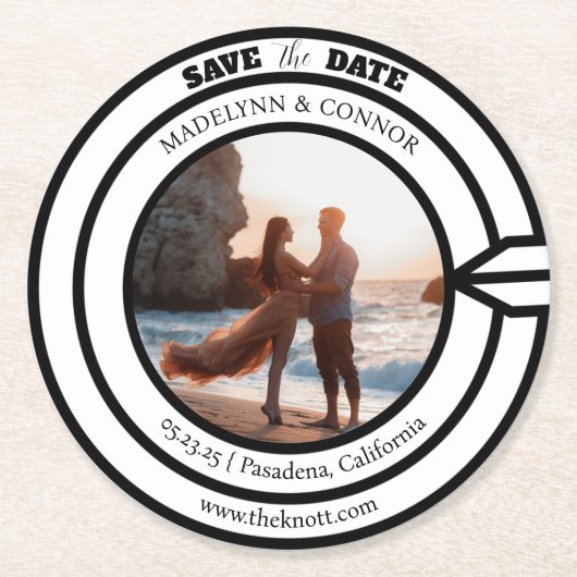 Smooth Script Photo Save the Date Darts Board Roun ラウンドペーパーコースター (正面)