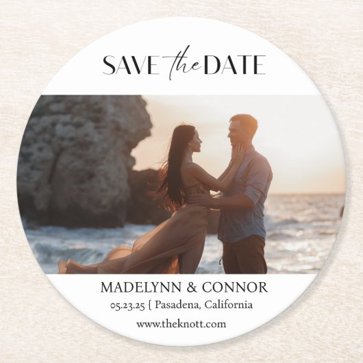 Smooth Script Photo Save the Date Round紙Coas ラウンドペーパーコースター (正面)