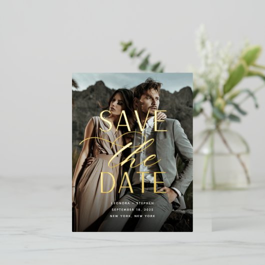 Smooth Script | Vertical Photo Save the Date 箔招待状ポストカード (立ち正面)