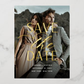 Smooth Script | Vertical Photo Save the Date 箔招待状ポストカード (正面)