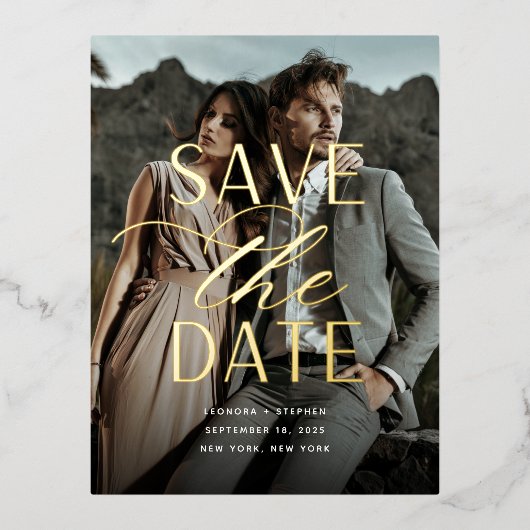 Smooth Script | Vertical Photo Save the Date 箔招待状ポストカード (正面)