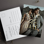 Smooth Script | Vertical Photo Save the Date 箔招待状ポストカード<br><div class="desc">A modern save the date postcard designed to accommodate your favorite vertical or portrait oriented full-bleed engagement photo. "Save the date" is overlaid on the center of your photo in gold foil block and script lettering, with your names, wedding date and wedding location beneath. Postcards reverse to show additional save...</div>