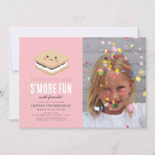 S'moreおもしろいかわいいピンクガール誕生日写真 招待状 (正面)