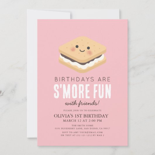 S'moreおもしろいかわいいピンクガール1st誕生日 招待状 (正面)