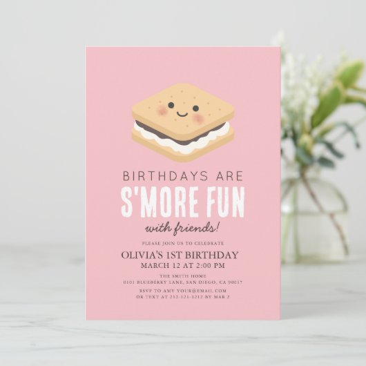 S'moreおもしろいかわいいピンクガール1st誕生日 招待状 (スタンド正面)