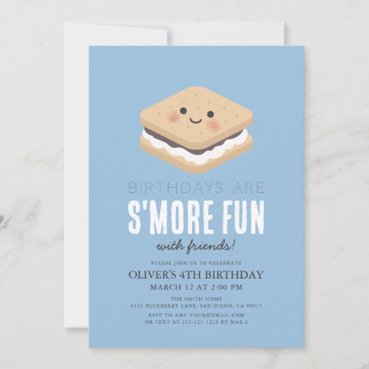 S'moreおもしろいかわいいブルーキッズボーイ誕生日 招待状 (正面)