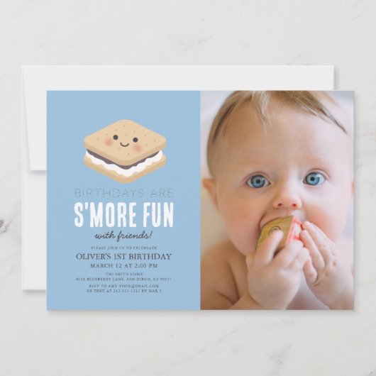 S'moreおもしろいかわいいブルーボーイ1stバースデーフォト 招待状 (正面)