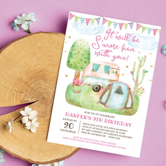 S'moreおもしろいキャンピングバースデーパーティー 招待状